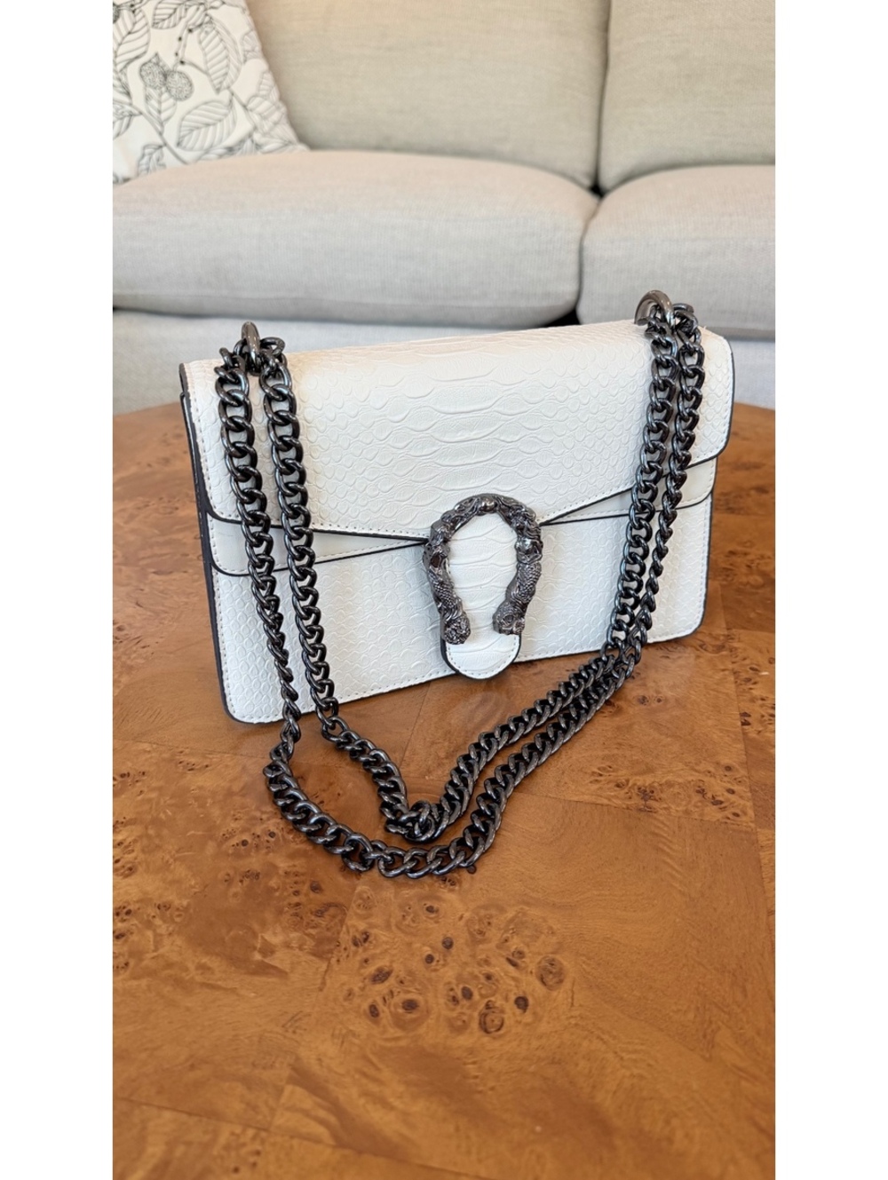 White Faux Leather Shoulder Bag with Chain Strap and Textured Finish